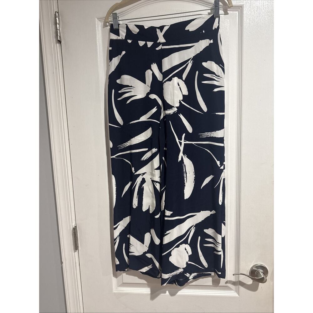 NWT Tahari Women's Pants Blue And White Brushstroke Print Wide Leg Pants Small